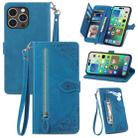 For iPhone 15 Pro Embossed Flower Zipper Leather Phone Case(Blue) - 1