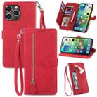 For iPhone 15 Pro Embossed Flower Zipper Leather Phone Case(Red) - 1