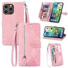For iPhone 15 Pro Embossed Flower Zipper Leather Phone Case(Pink) - 1