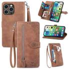 For iPhone 15 Pro Max Embossed Flower Zipper Leather Phone Case(Brown) - 1