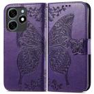 For Tecno Spark 20C Butterfly Love Flower Embossed Leather Phone Case(Dark Purple) - 1