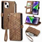 For iPhone 14 Geometric Zipper Wallet Side Buckle Leather Phone Case(Brown) - 1