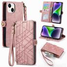 For iPhone 14 Geometric Zipper Wallet Side Buckle Leather Phone Case(Pink) - 1