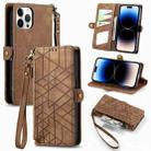 For iPhone 14 Pro Max Geometric Zipper Wallet Side Buckle Leather Phone Case(Brown) - 1