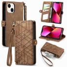For iPhone 13 Geometric Zipper Wallet Side Buckle Leather Phone Case(Brown) - 1