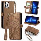 For iPhone 13 Pro Geometric Zipper Wallet Side Buckle Leather Phone Case(Brown) - 1