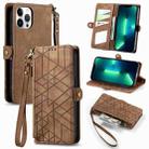 For iPhone 13 Pro Max Geometric Zipper Wallet Side Buckle Leather Phone Case(Brown) - 1