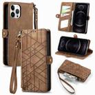 For iPhone 12 / 12 Pro Geometric Zipper Wallet Side Buckle Leather Phone Case(Brown) - 1