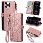 For iPhone 12 / 12 Pro Geometric Zipper Wallet Side Buckle Leather Phone Case(Pink) - 1