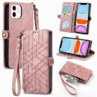 For iPhone 11 Geometric Zipper Wallet Side Buckle Leather Phone Case(Pink) - 1