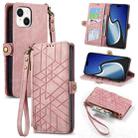 For iPhone 15 Geometric Zipper Wallet Side Buckle Leather Phone Case(Pink) - 1