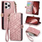 For iPhone 16 Pro Geometric Zipper Wallet Side Buckle Leather Phone Case(Pink) - 1