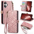 For iPhone 16 Plus Geometric Zipper Wallet Side Buckle Leather Phone Case(Pink) - 1