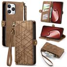 For iPhone 16 Pro Max Geometric Zipper Wallet Side Buckle Leather Phone Case(Brown) - 1