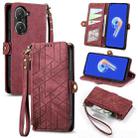 For ASUS Zenfone 9 Geometric Zipper Wallet Side Buckle Leather Phone Case(Red) - 1