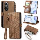 For Honor 50 Pro Geometric Zipper Wallet Side Buckle Leather Phone Case(Brown) - 1