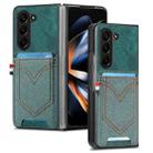 For Samsung Galaxy Z Fold5 JUNSUNMAY Denim Pattern Leather Skin PC Folding Phone Case with Card Slot(Green) - 1