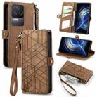 For Xiaomi Redmi K50 Geometric Zipper Wallet Side Buckle Leather Phone Case(Brown) - 1