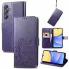 For Samsung Galaxy A15 Four-leaf Clasp Embossed Buckle Leather Phone Case(Purple) - 1