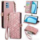 For OnePlus 9 Geometric Zipper Wallet Side Buckle Leather Phone Case(Pink) - 1