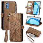 For OnePlus 9 Geometric Zipper Wallet Side Buckle Leather Phone Case(Brown) - 1