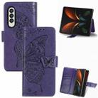 For Samsung Galaxy Z Fold5 Butterfly Love Flower Embossed Leather Phone Case(Dark Purple) - 1