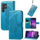 For Samsung Galaxy S24 Ultra 5G Butterfly Love Flower Embossed Leather Phone Case(Blue) - 1