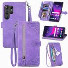 For Samsung Galaxy S24 Ultra 5G Embossed Flower Zipper Leather Phone Case(Purple) - 1