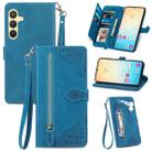 For Samsung Galaxy S24+ 5G Embossed Flower Zipper Leather Phone Case(Blue) - 1