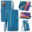 For Samsung Galaxy Note20 Embossed Flower Zipper Leather Phone Case(Blue) - 1