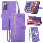 For Samsung Galaxy Note20 Embossed Flower Zipper Leather Phone Case(Purple) - 1