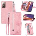 For Samsung Galaxy Note20 Embossed Flower Zipper Leather Phone Case(Pink) - 1