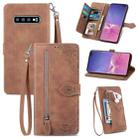 For Samsung Galaxy S10+ Embossed Flower Zipper Leather Phone Case(Brown) - 1