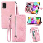 For Samsung Galaxy A41 Embossed Flower Zipper Leather Phone Case(Pink) - 1
