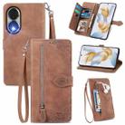 For Samsung Galaxy A35 5G Embossed Flower Zipper Leather Phone Case(Brown) - 1