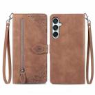 For Samsung Galaxy M15 Embossed Flower Zipper Leather Phone Case(Brown) - 1