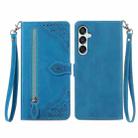 For Samsung Galaxy M15 Embossed Flower Zipper Leather Phone Case(Blue) - 1
