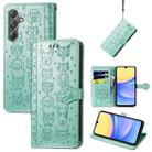 For Samsung Galaxy A15 Cat and Dog Embossed Leather Phone Case(Green) - 1