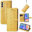 For Samsung Galaxy A05s Cat and Dog Embossed Leather Phone Case(Yellow) - 1