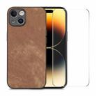 For iPhone 15 Plus ENKAY Retro Leather Skin PC Phone Case with High Aluminum-silicon Glass Film(Brown) - 1