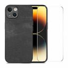 For iPhone 15 ENKAY Retro Leather Skin PC Phone Case with High Aluminum-silicon Glass Film(Black) - 1