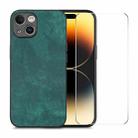 For iPhone 15 ENKAY Retro Leather Skin PC Phone Case with High Aluminum-silicon Glass Film(Green) - 1