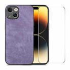 For iPhone 15 ENKAY Retro Leather Skin PC Phone Case with High Aluminum-silicon Glass Film(Purple) - 1