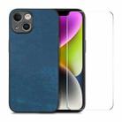 For iPhone 14 Plus ENKAY Retro Leather Skin PC Phone Case with High Aluminum-silicon Glass Film(Blue) - 1