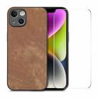 For iPhone 14 ENKAY Retro Leather Skin PC Phone Case with High Aluminum-silicon Glass Film(Brown) - 1