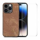 For iPhone 14 Pro ENKAY Retro Leather Skin PC Phone Case with High Aluminum-silicon Glass Film(Brown) - 1