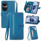 For OPPO Reno10 /10 Pro Global Embossed Flower Zipper Leather Phone Case(Blue) - 1