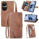For OPPO Reno10 /10 Pro Global Embossed Flower Zipper Leather Phone Case(Brown) - 1