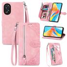 For OPPO A38 Embossed Flower Zipper Leather Phone Case(Pink) - 1