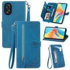 For OPPO A38 Embossed Flower Zipper Leather Phone Case(Blue) - 1